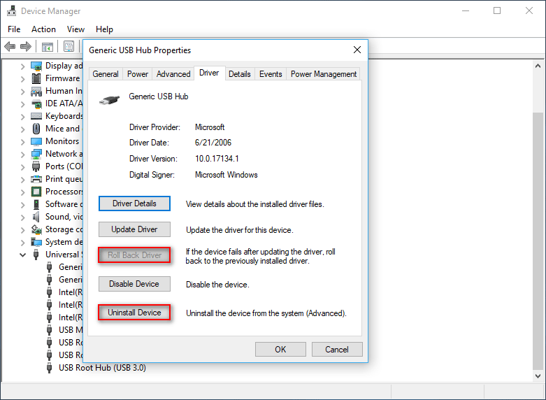 Roll Back Driver/Uninstall Device