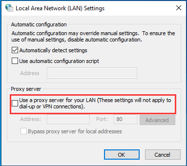 uncheck the option use a proxy server for your LAN