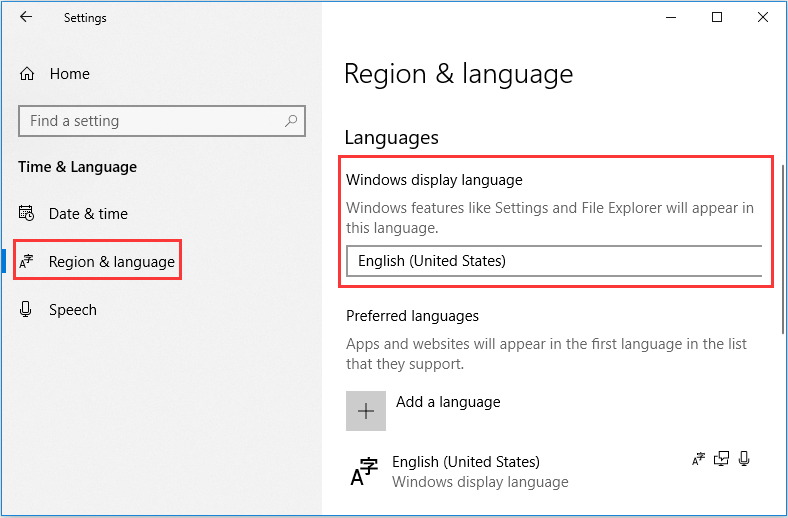 check the default display language