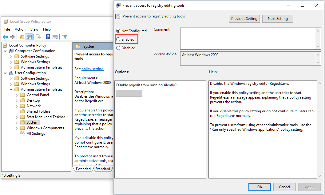 how to disable Regedit in Windows 10