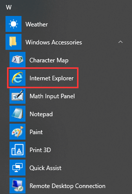 find Internet Explorer in Start