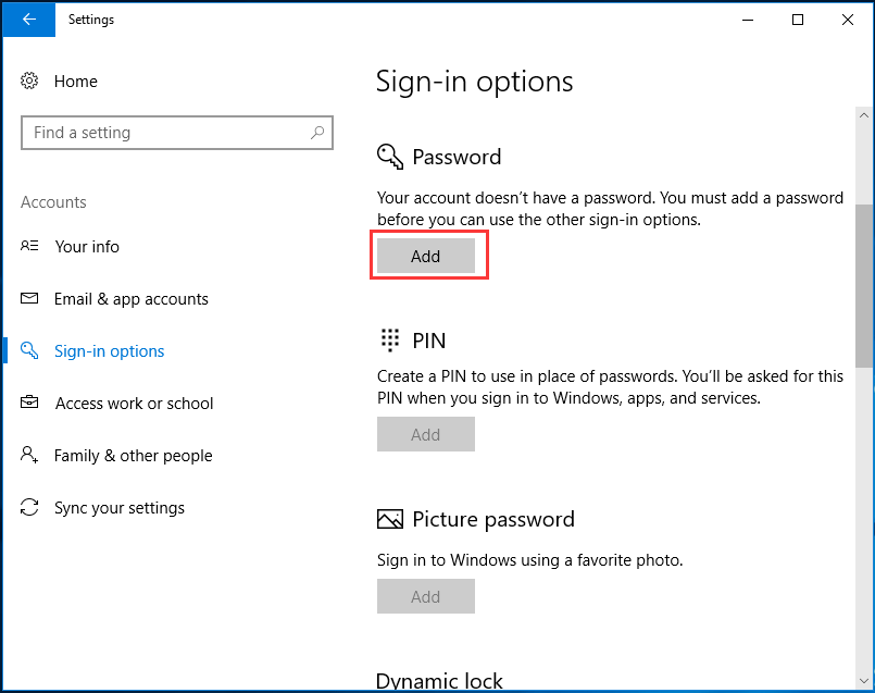 add a password in sign-in options window