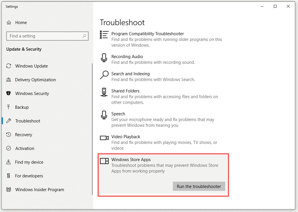 run the Windows Store Apps troubleshooter