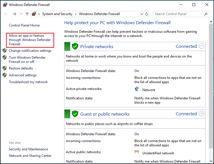 allow an app or feature through Windows Defender Firewall