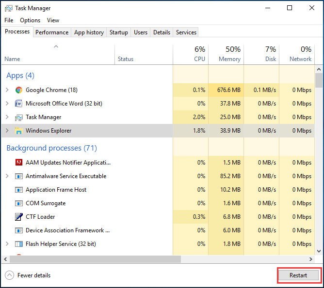 restart Windows Explorer via Task Manager