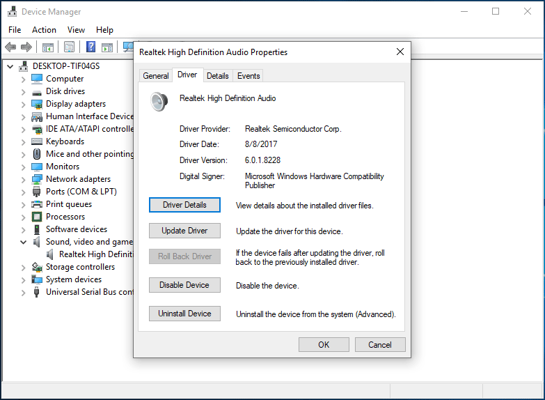 audio device driver properties