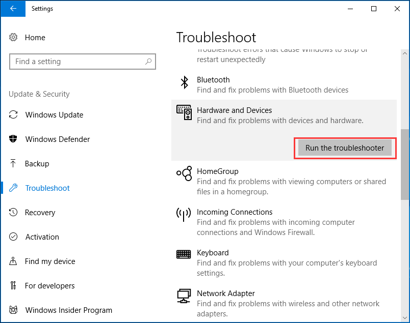 run hardware and devices troubleshooter