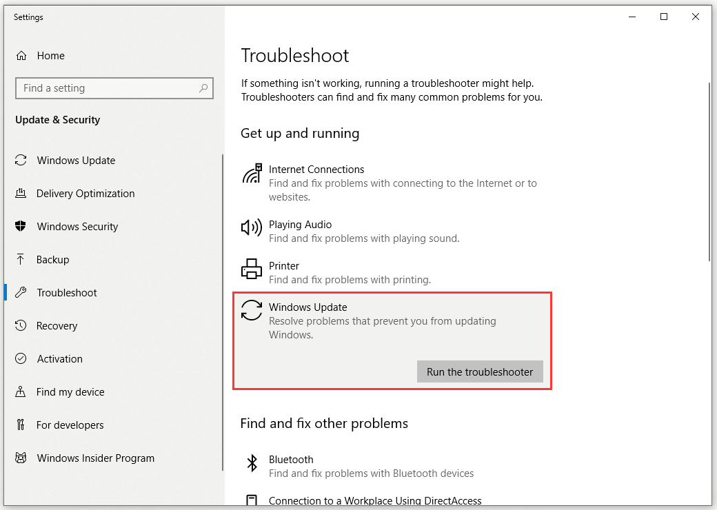 run the Windows Update troubleshooter