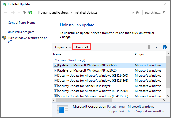 uninstall problematic updates