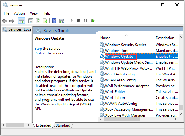 stop the Windows Update service