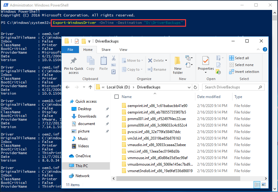backup drivers Windows 10 via PowerShell