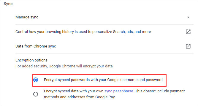 choose Encrypt synced passwords with your Google username and password