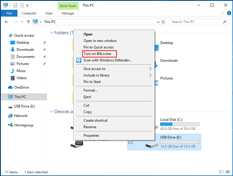 choose Turn on BitLocker