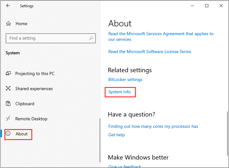 click About and click System info in the Settings window