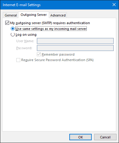 check the option My outgoing server required authentication