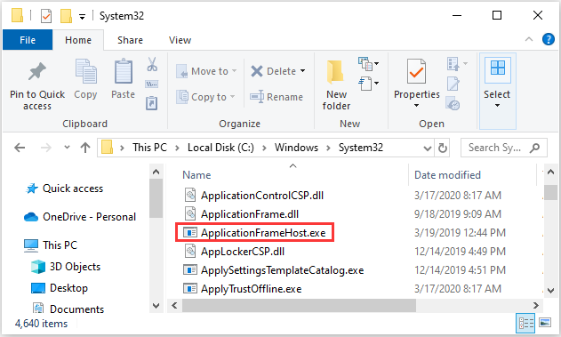the location of ApplicationFrameHost.exe