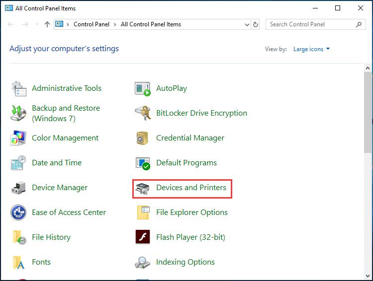device and printers in control panel