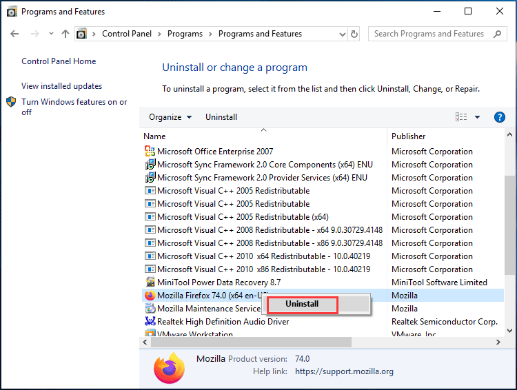uninstall Firefox in Control Panel
