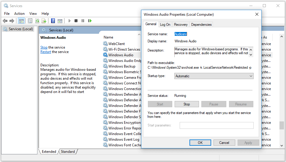 check Windows audio service settings