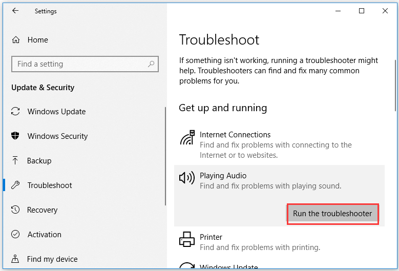 run Windows audio troubleshooter