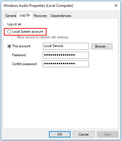 change log-on settings for Windows audio service