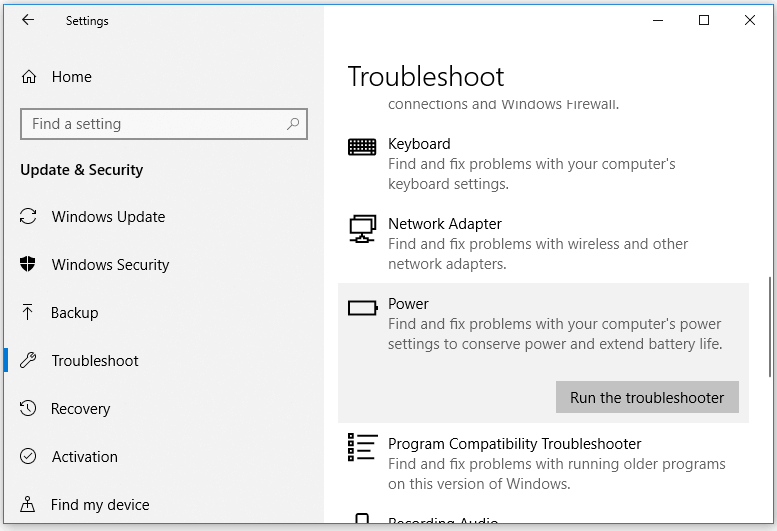 run Windows power troubleshooter