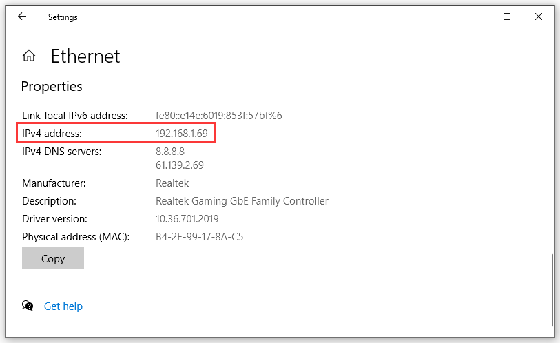 IP address using Settings Ethernet