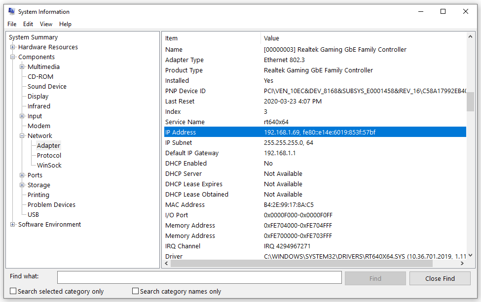 find IP address using System Information