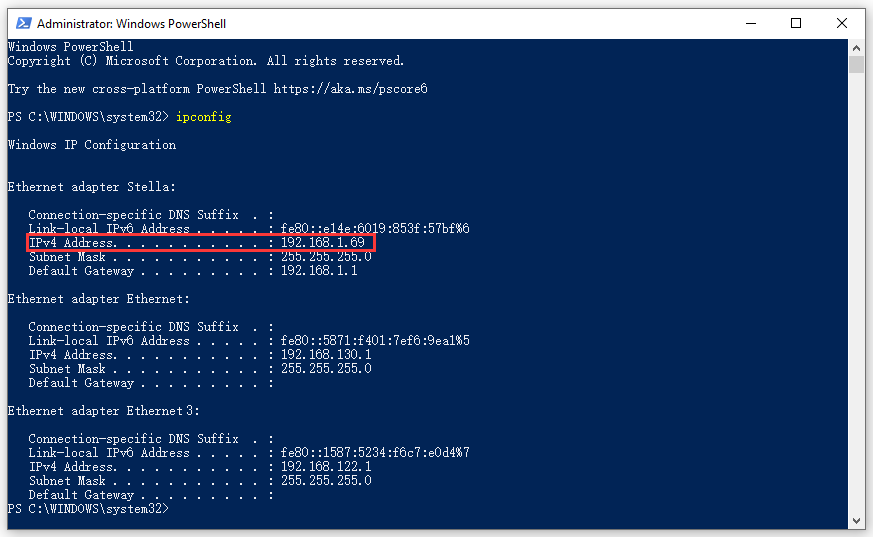 find IP address using Windows PowerShell