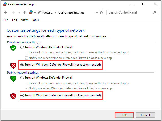 turn off Windows Defender Firewall