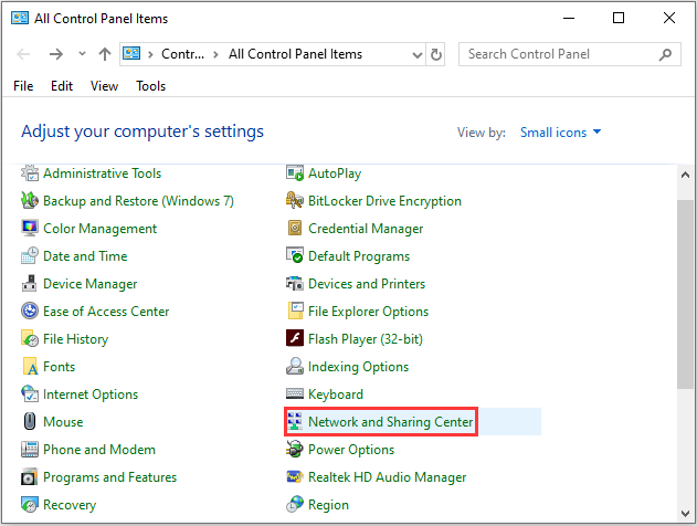click Network and Sharing Center