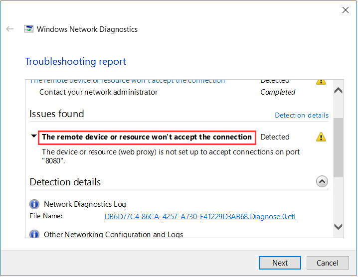 the remote device or resource won't accept the connection