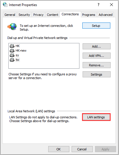click the LAN settings button