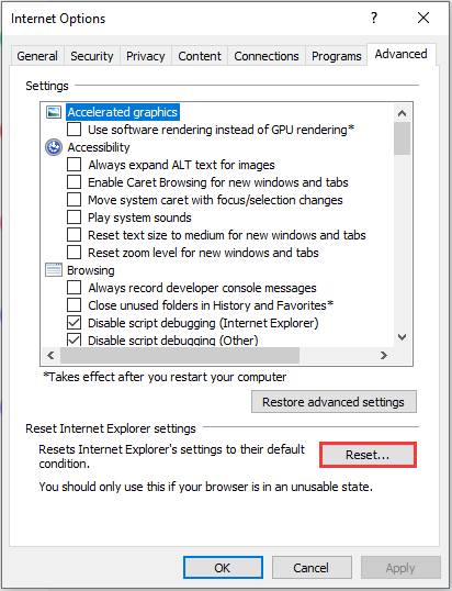 reset the browser settings