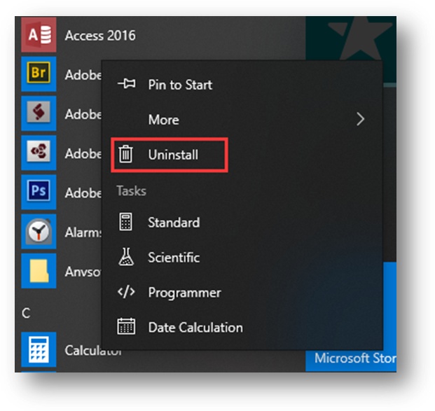 uninstall software from Start