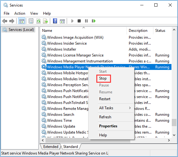 stop the Windows Media Player Network Sharing Service