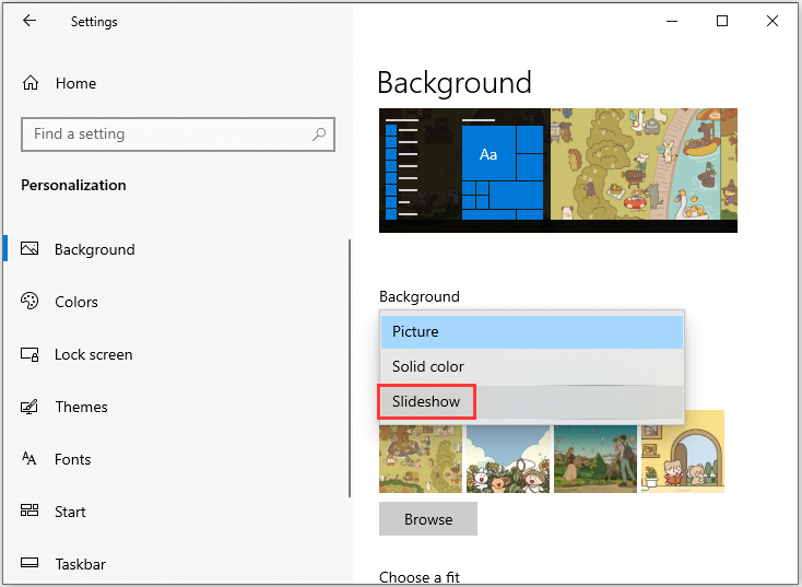 change the Background type to Slideshow