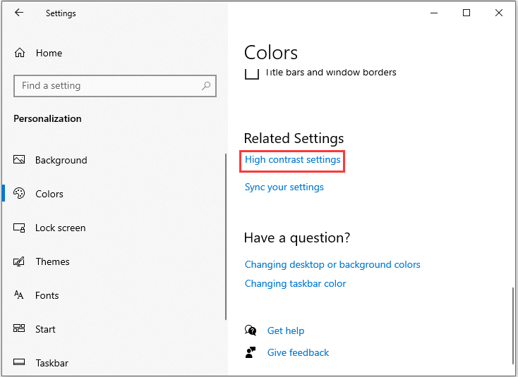 click High contrast settings