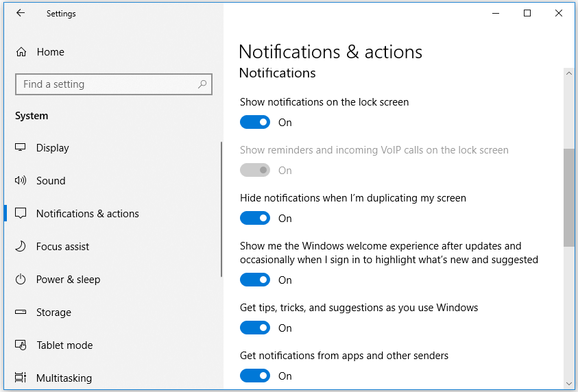 change notification settings Windows 10