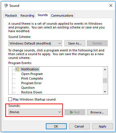 disable notification sounds in Windows 10