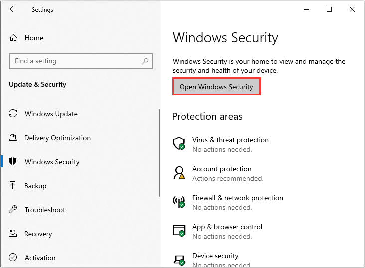 open Windows Security