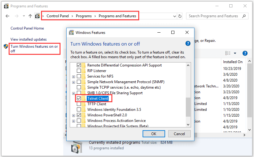 enable Telnet Client feature on Windows 10