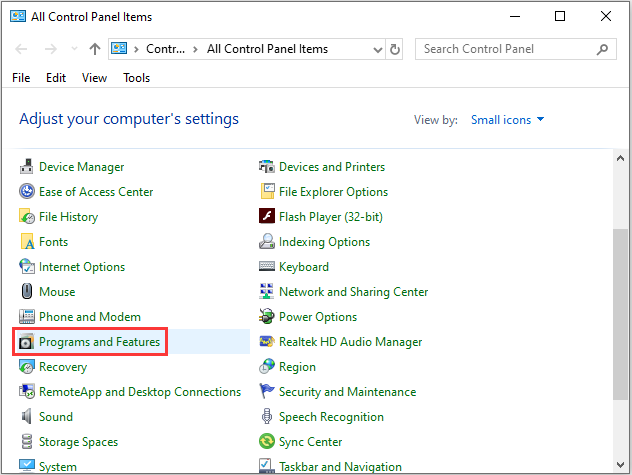  click Programs and Features to continue