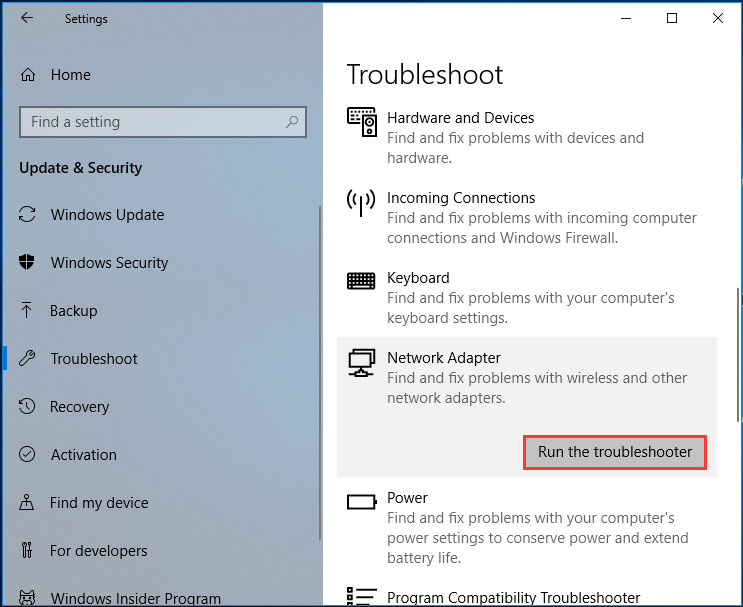 run the network troubleshooter Windows 10