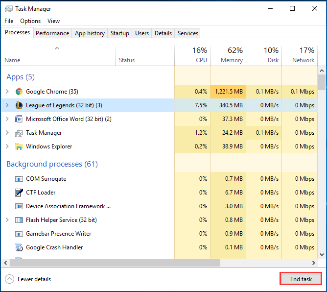 disable League of Legends in Task Manager