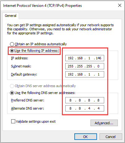 choose Use the following IP address