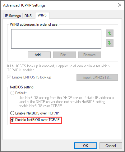 select Disable NetBIOS over TCP/IP