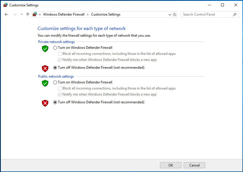 Turn off Windows Defender Firewall