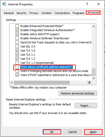 disable the Warn about certificate address mismatch option