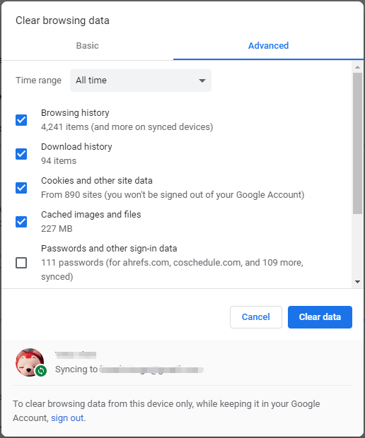 clear Google Chrome cookies or caches